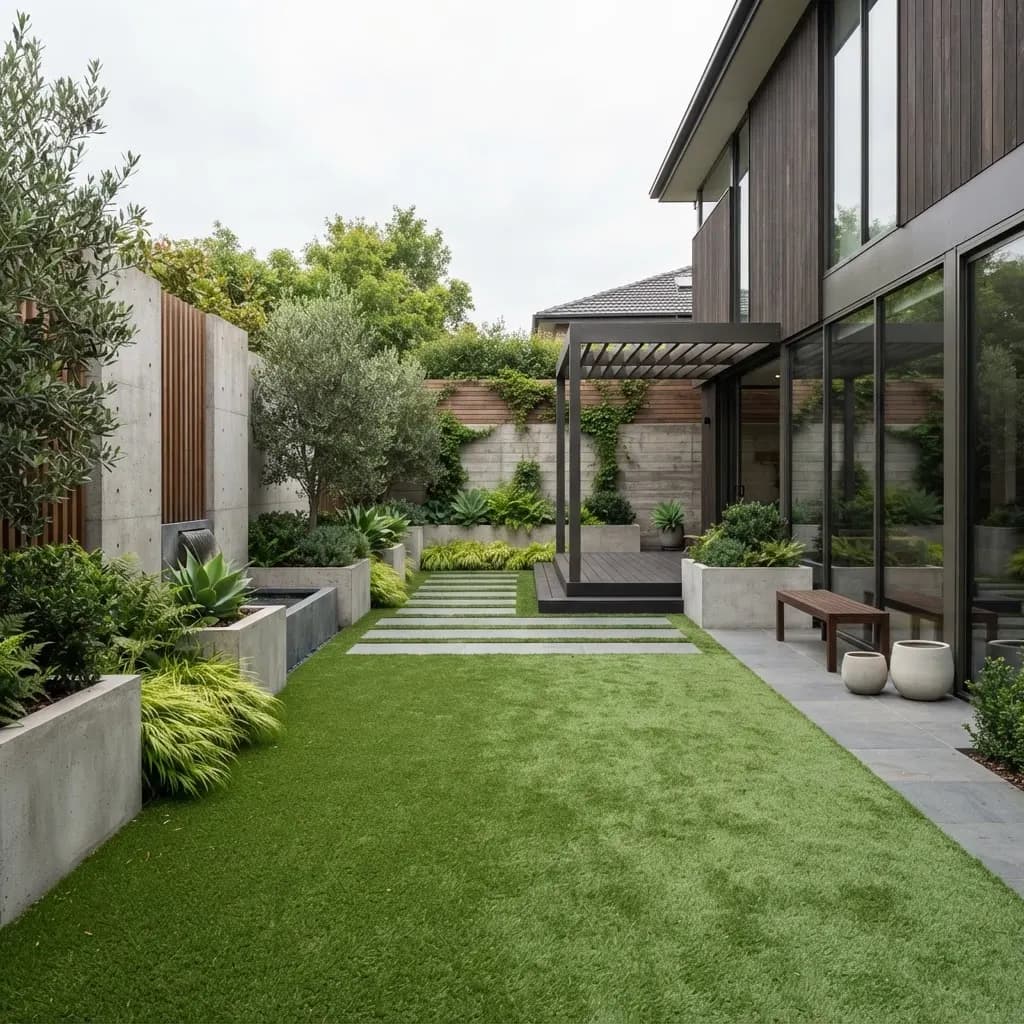 A residential garden courtyard finished with Senwells Grass landscape turf