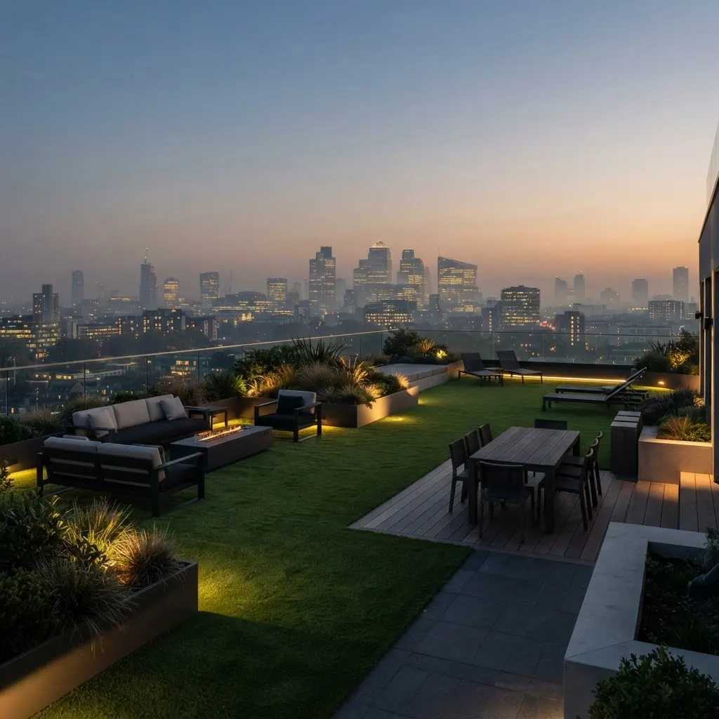 A completed rooftop terrace installation featuring SENWELLS artificial turf